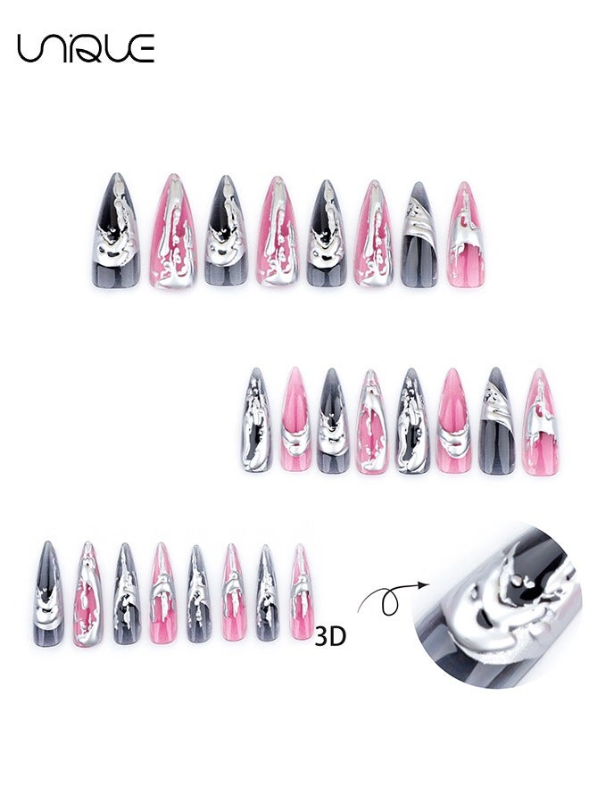 Unique 24 Pcs Fake Nails - Press Nails - Extra-long Pointed Manicure - Black & Red Silver Nail Art - 3D Silver Nail Art - Fake Nail Patch - Image 2