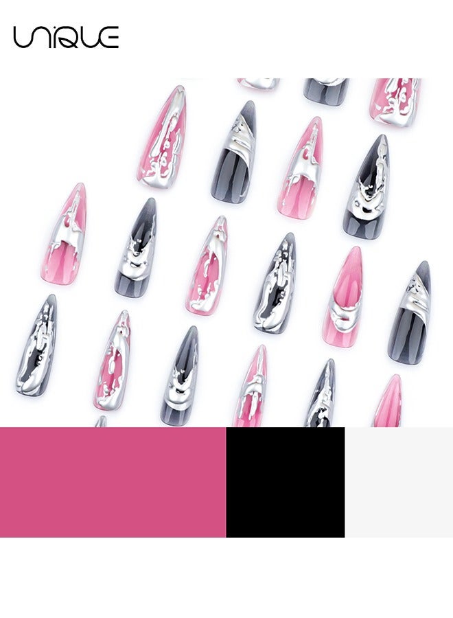 Unique 24 Pcs Fake Nails - Press Nails - Extra-long Pointed Manicure - Black & Red Silver Nail Art - 3D Silver Nail Art - Fake Nail Patch - Image 3