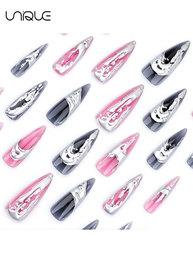 Unique 24 Pcs Fake Nails - Press Nails - Extra-long Pointed Manicure - Black & Red Silver Nail Art - 3D Silver Nail Art - Fake Nail Patch - Image 4
