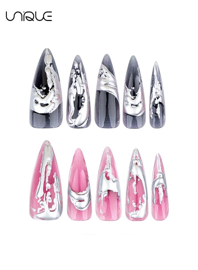 Unique 24 Pcs Fake Nails - Press Nails - Extra-long Pointed Manicure - Black & Red Silver Nail Art - 3D Silver Nail Art - Fake Nail Patch - Image 5