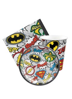 Hero Superheroes Theme Tableware Set party supplies Spider-Man, Batman, Green Lantern, and Superman for Birthday Parties and Kids' Parties for Boys and Girls - 60 Complete Pieces Including Plates, Cups, Napkins, Spoons, Forks, and Knives for 8 Children!