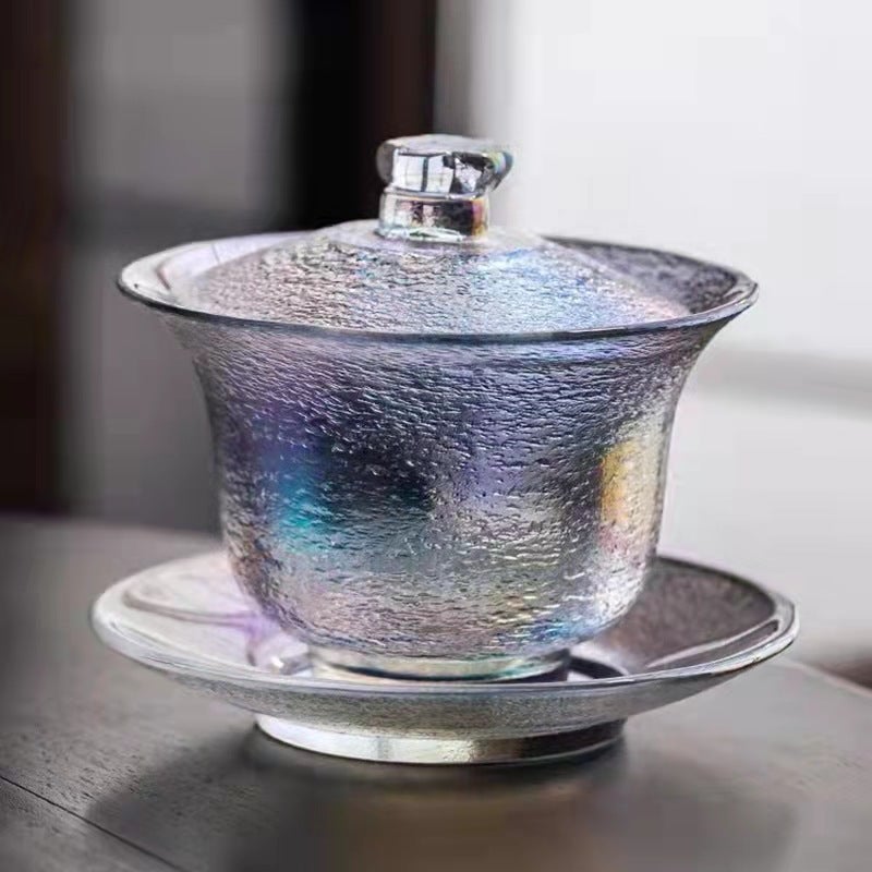 Transparent glass three-piece cover Bowl suit hand painted golden edge glass kung fu tea set tea maker household Master Cup Colorful-fine grain cover Bowl 
