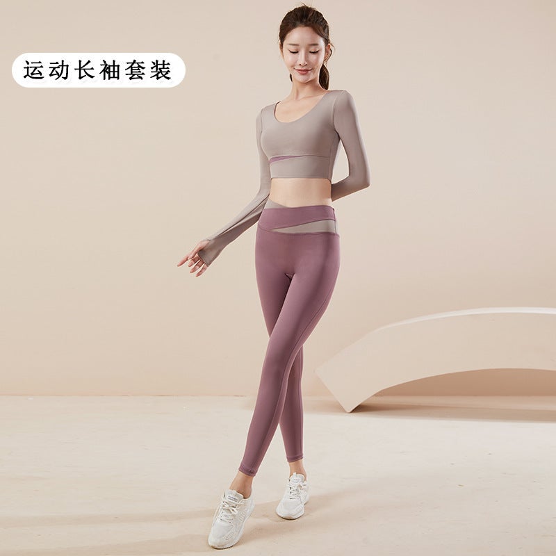 Yoga Suit New Long-Sleeved Trousers One-Piece Cup Outer Wear Running Fitness Sports Suit Women'S Stitching Yoga Clothes - Image 4