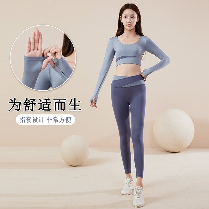 Yoga Suit New Long-Sleeved Trousers One-Piece Cup Outer Wear Running Fitness Sports Suit Women'S Stitching Yoga Clothes - Image 3