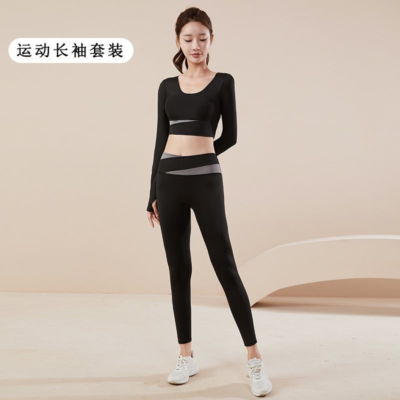 Yoga Suit New Long-Sleeved Trousers One-Piece Cup Outer Wear Running Fitness Sports Suit Women'S Stitching Yoga Clothes - Image 1