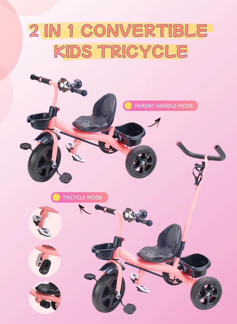Package Include Full Protective Gear Set – Kids Tricycle with Parental Push Handle & Storage Basket, Baby Ride-On Bicycle Toy Color Options: Grey, Red, Pink - Image 2
