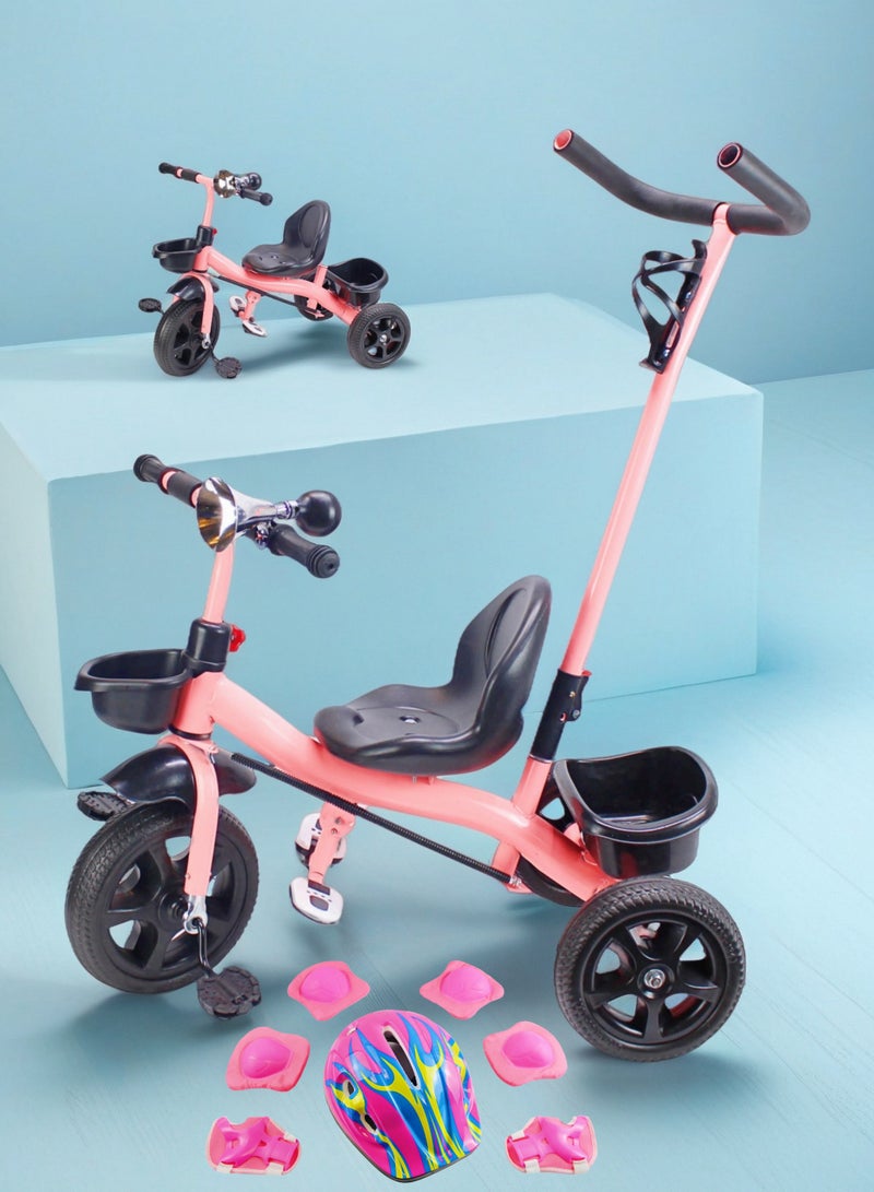 Package Include Full Protective Gear Set – Kids Tricycle with Parental Push Handle & Storage Basket, Baby Ride-On Bicycle Toy Color Options: Grey, Red, Pink - Image 1