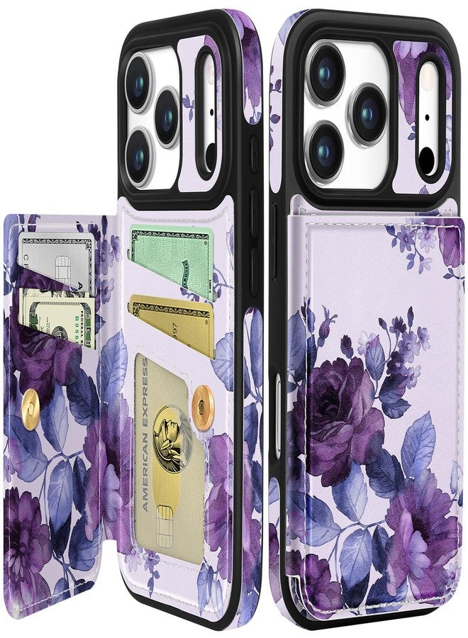 Shorogyt Compatible with iPhone 17 Pro Max Wallet Case with Card Holder - Cute Purple Flower Design Kickstand for Magnetic Clasp Back Flip Folio Leather Phone Covers for Women Men Girls - Image 1