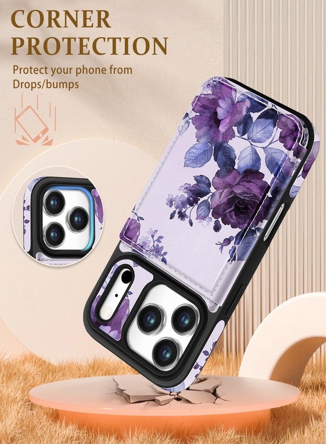 Shorogyt Compatible with iPhone 17 Pro Max Wallet Case with Card Holder - Cute Purple Flower Design Kickstand for Magnetic Clasp Back Flip Folio Leather Phone Covers for Women Men Girls - Image 4