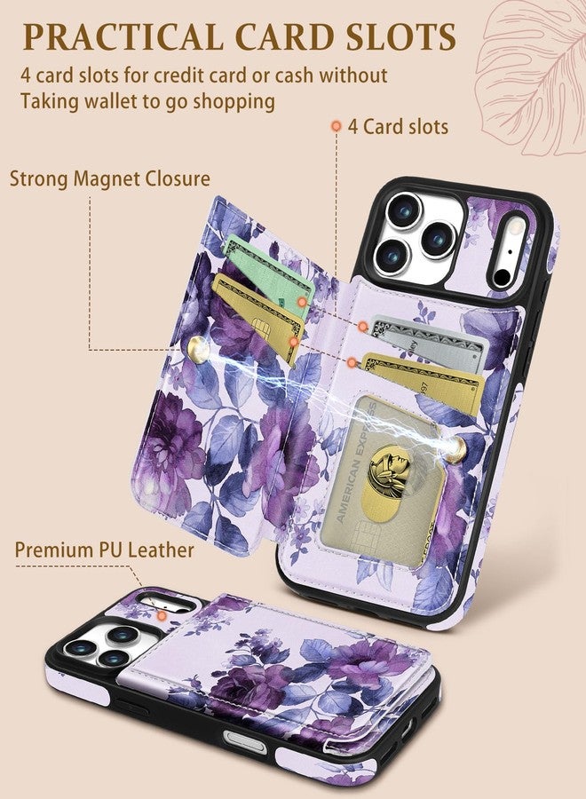 Shorogyt Compatible with iPhone 17 Pro Max Wallet Case with Card Holder - Cute Purple Flower Design Kickstand for Magnetic Clasp Back Flip Folio Leather Phone Covers for Women Men Girls - Image 3
