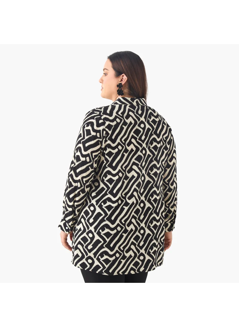  أولا بوبكن Plus Size Ulla Popken Printed Shirt with Collar and Long Sleeves