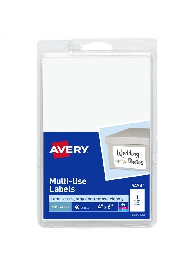 AVERY ملصقات أفيري القابلة للإزالة، 4" × 6" ملصقات فارغة، ملصقات قابلة للطباعة بالليزر/الحبر، 40 ملصق في العبوة (5454) - Image 1