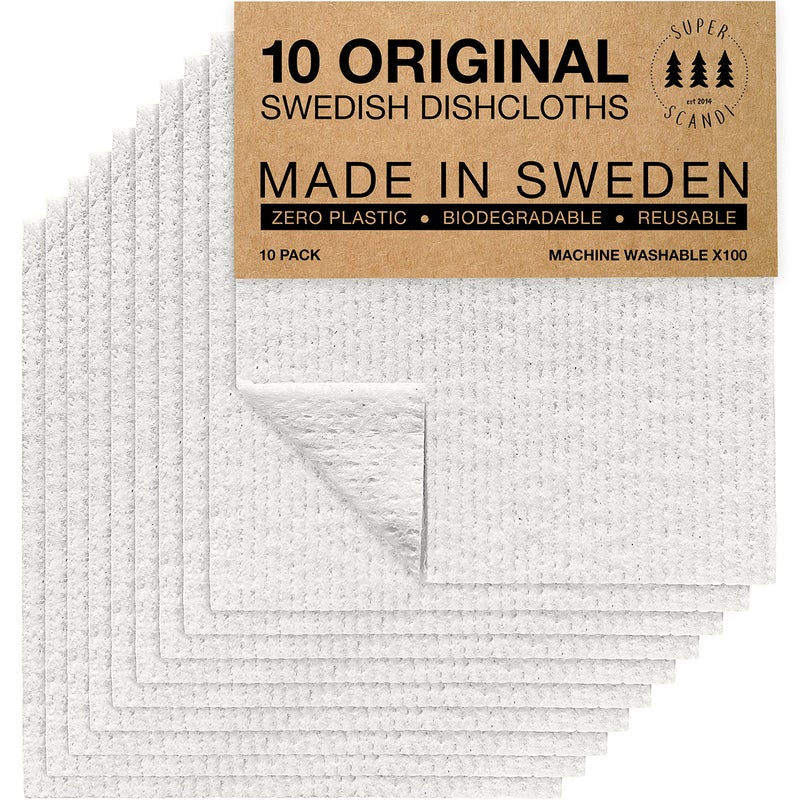 SUPERSCANDI 10 Pack Swedish Dishcloths for Kitchen - 100% Biodegradable & Compostable Reusable Paper Towels Washable, Food-Safe & Without Plastic - Dish Rags Suitable for Any Surface, White - Image 1