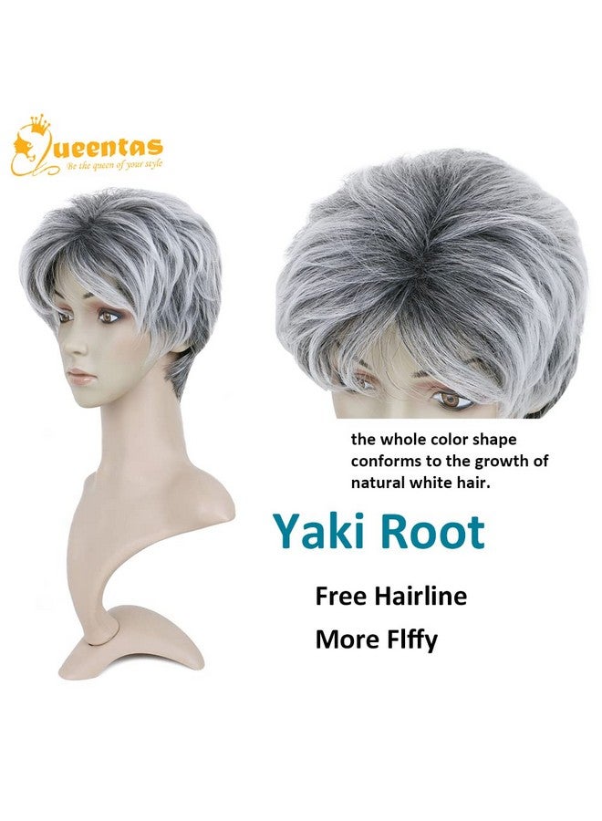 Queentas QUEENTAS Short Ombre Grey Hair Wig for Women Full Head Pixie Cut Wigs with Dark Root Synthetic Hair wig for Diwali Cosplay - Image 3