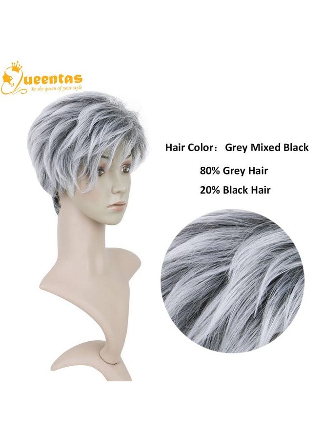 Queentas QUEENTAS Short Ombre Grey Hair Wig for Women Full Head Pixie Cut Wigs with Dark Root Synthetic Hair wig for Diwali Cosplay - Image 2