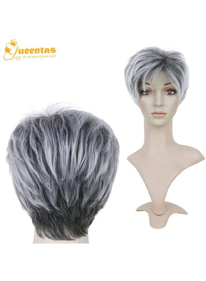 Queentas QUEENTAS Short Ombre Grey Hair Wig for Women Full Head Pixie Cut Wigs with Dark Root Synthetic Hair wig for Diwali Cosplay - Image 4