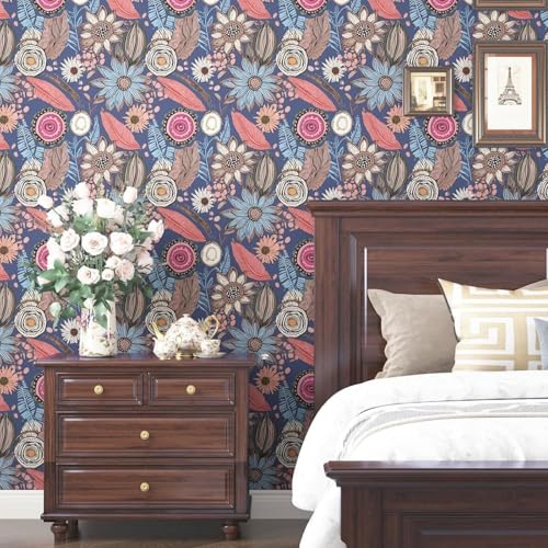 Laatse Blue Pink Wallpaper Peel and StickVintage Boho Floral Contact Paper 175 x 393 Retro Antique Botanical Flowers Wall Paper Self Adhesive Removable Waterproof for Bathroom Shelves Cabinet Table - Image 3