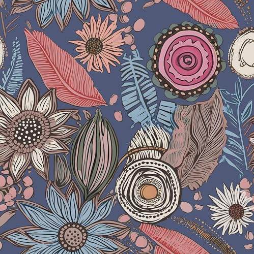 Laatse Blue Pink Wallpaper Peel and StickVintage Boho Floral Contact Paper 175 x 393 Retro Antique Botanical Flowers Wall Paper Self Adhesive Removable Waterproof for Bathroom Shelves Cabinet Table - Image 1