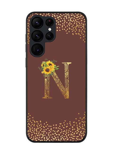 Rugged Black edge case for Samsung Galaxy S22 Ultra 5G Slim fit Soft Case Flexible Rubber Edges Anti Drop TPU Gel Thin Cover - Custom Monogram Initial Letter Floral Pattern Alphabet - N (Brown )