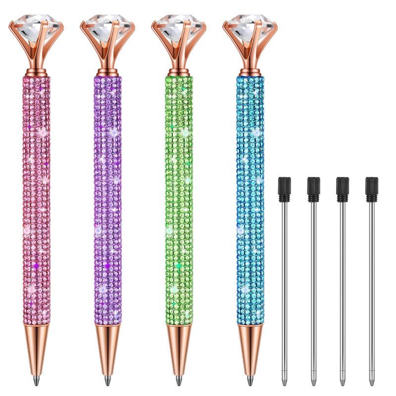 Lincia 4 Pcs Diamond Top Pens With Crystal Rhinestone Pen For Women Ink Ballpoint With Replacement Refills Christmas Stocking Stuffer For Wedding School Office Birthday Party Gift(Vintage Color) - Image 1