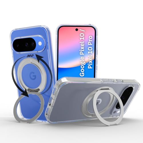 RIGGEAR Shockproof Clear Hybrid Armor 360° Rotating Magnetic Ring Stand Back Cover Case Compatible with MagSafe Accessories for Google Pixel 10 / Pixel 10 Pro (Transparent PC + TPU Bumper) - Image 1