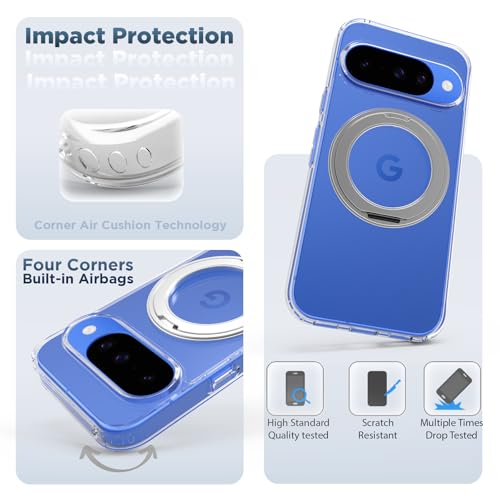 RIGGEAR Shockproof Clear Hybrid Armor 360° Rotating Magnetic Ring Stand Back Cover Case Compatible with MagSafe Accessories for Google Pixel 10 / Pixel 10 Pro (Transparent PC + TPU Bumper) - Image 2