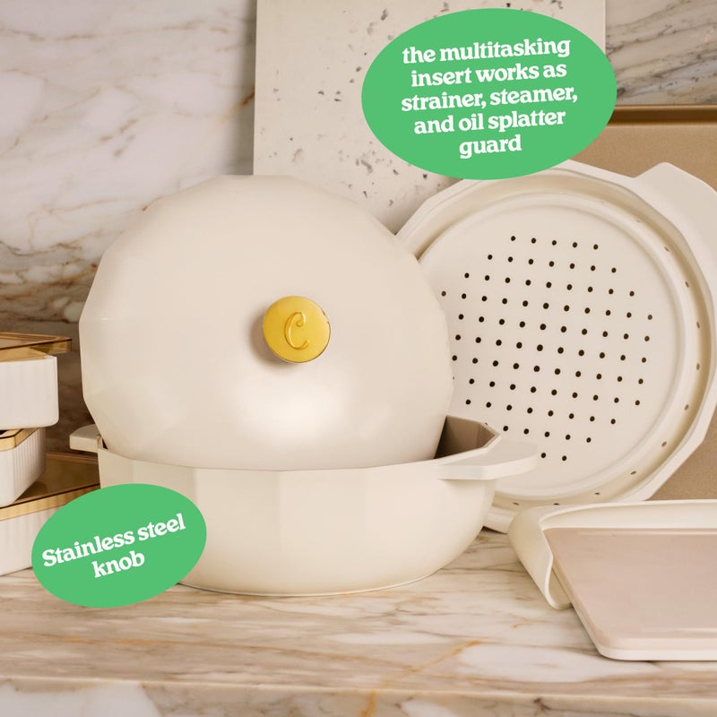 Cravings by Chrissy Teigen The Perfect Pan 5.3 Qt Dutch Oven Pot with Lid, Nonstick Lightweight Aluminum Everyday Pot with Steamer/Strainer Insert, Oven & Stovetop Safe (White) - Image 4