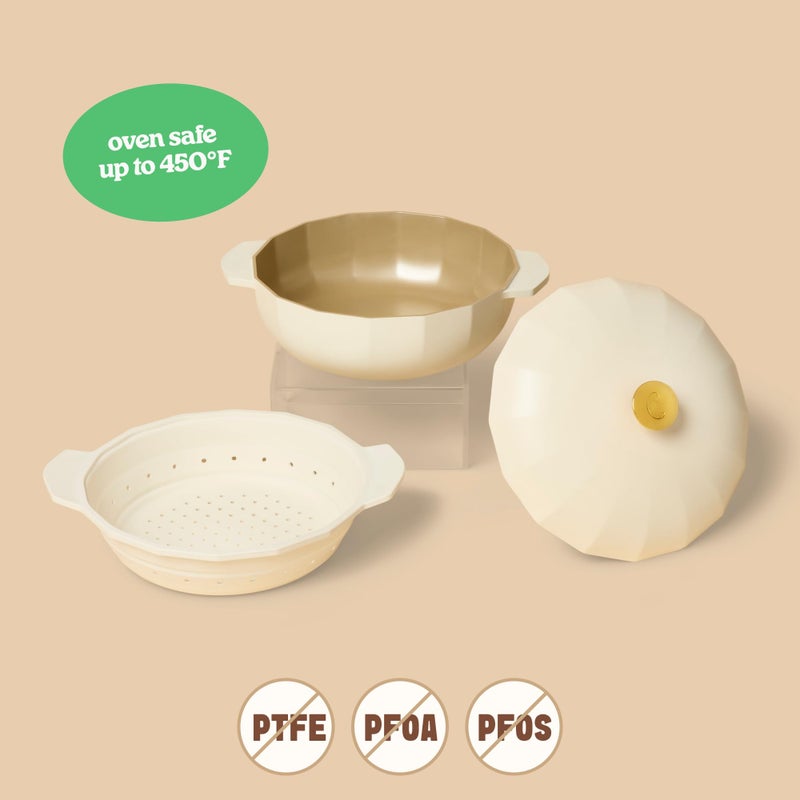 Cravings by Chrissy Teigen The Perfect Pan 5.3 Qt Dutch Oven Pot with Lid, Nonstick Lightweight Aluminum Everyday Pot with Steamer/Strainer Insert, Oven & Stovetop Safe (White) - Image 2