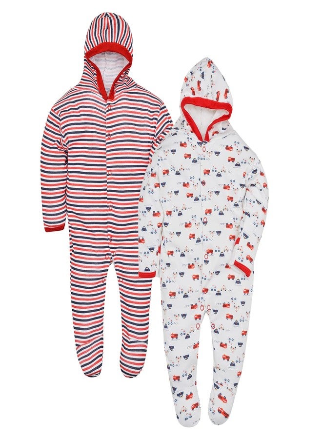 Magic Town® 100% Cotton Unisex Hooded Rompers for Kids and Infants Set of 2 (Red) (6-9 Months) - Image 1