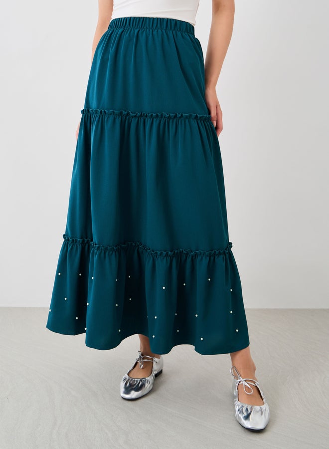 Take Two Faux Pearl Embellished Hem A-Line Maxi Skirt - Image 2