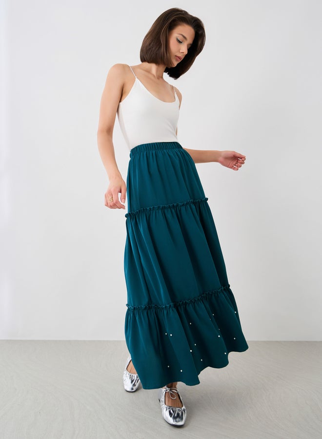 Take Two Faux Pearl Embellished Hem A-Line Maxi Skirt - Image 1