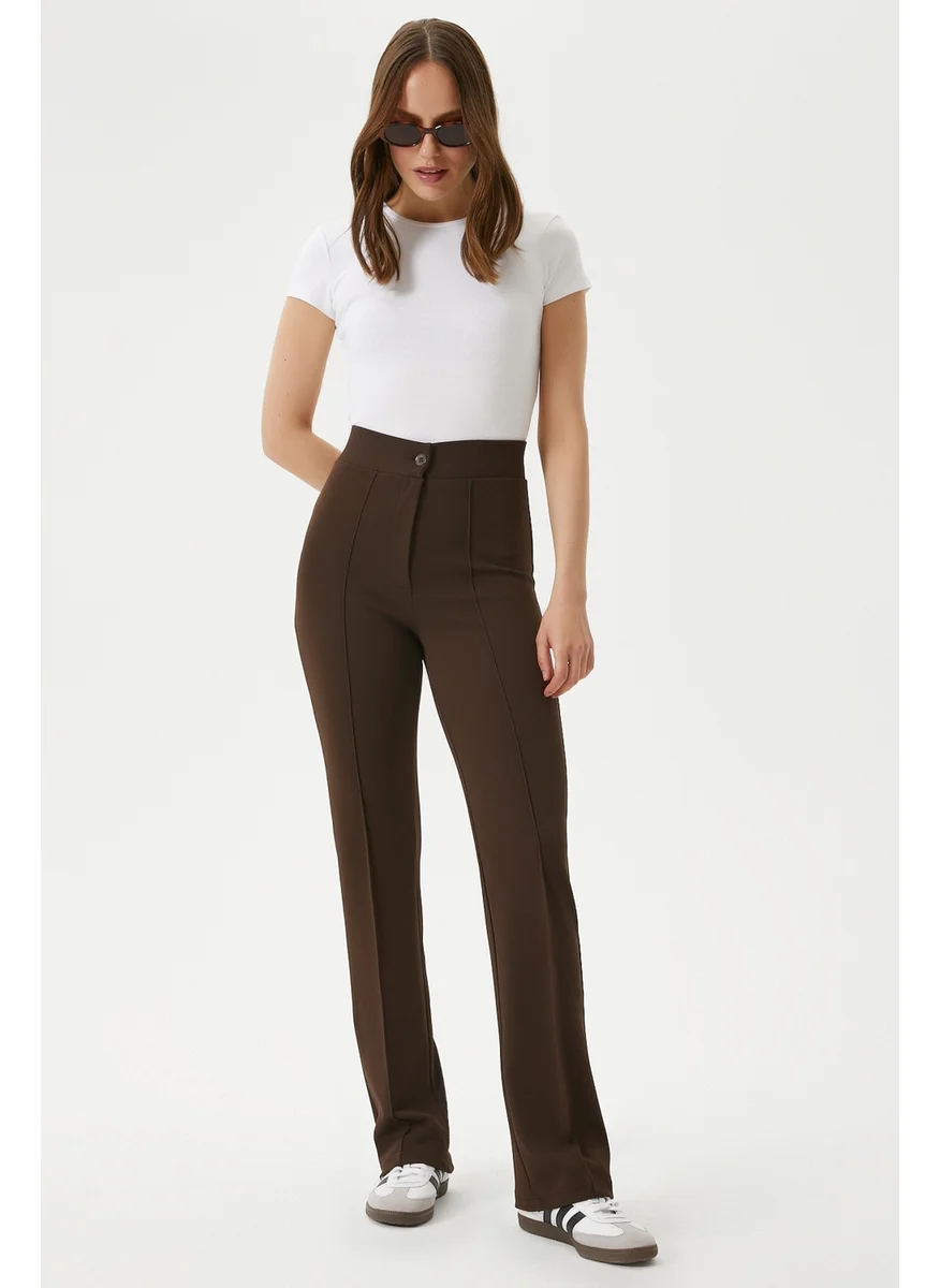 Ritnice Women's Straight Lycra Brown Trousers