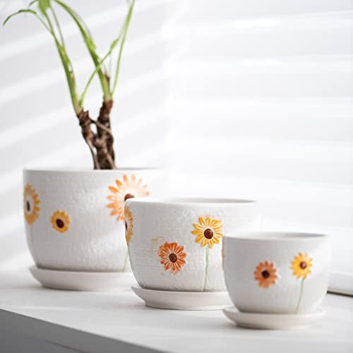Ton Sin Plant Pots,Set of 3 Ceramic Sunflower Flower Pots for Indoor Plants,4+5+6 inch Pots with Drainage Hole Saucer,Garden Pots Catus Planters - Image 2