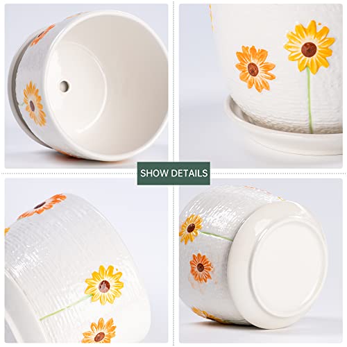 Ton Sin Plant Pots,Set of 3 Ceramic Sunflower Flower Pots for Indoor Plants,4+5+6 inch Pots with Drainage Hole Saucer,Garden Pots Catus Planters - Image 4