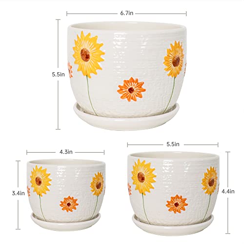 Ton Sin Plant Pots,Set of 3 Ceramic Sunflower Flower Pots for Indoor Plants,4+5+6 inch Pots with Drainage Hole Saucer,Garden Pots Catus Planters - Image 3