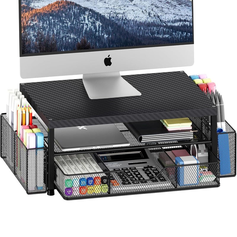 OPNICE Desk Organizer and Accessories, 2-Tier Computer Monitor Stand with Drawer and 2 Pen Holders, Laptop Stand, Office Desk Accessories for Office Supplies, Carbon Fiber - Image 1