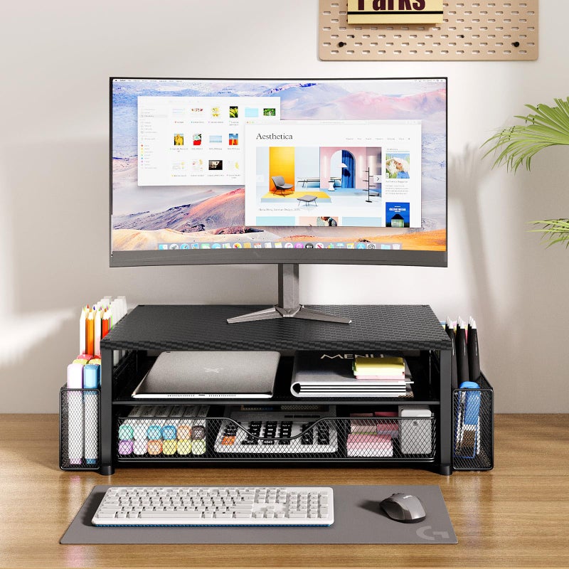 OPNICE Desk Organizer and Accessories, 2-Tier Computer Monitor Stand with Drawer and 2 Pen Holders, Laptop Stand, Office Desk Accessories for Office Supplies, Carbon Fiber - Image 4