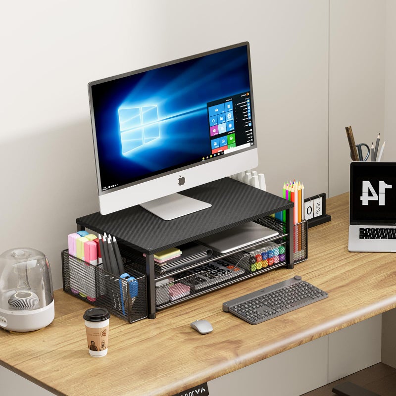 OPNICE Desk Organizer and Accessories, 2-Tier Computer Monitor Stand with Drawer and 2 Pen Holders, Laptop Stand, Office Desk Accessories for Office Supplies, Carbon Fiber - Image 3