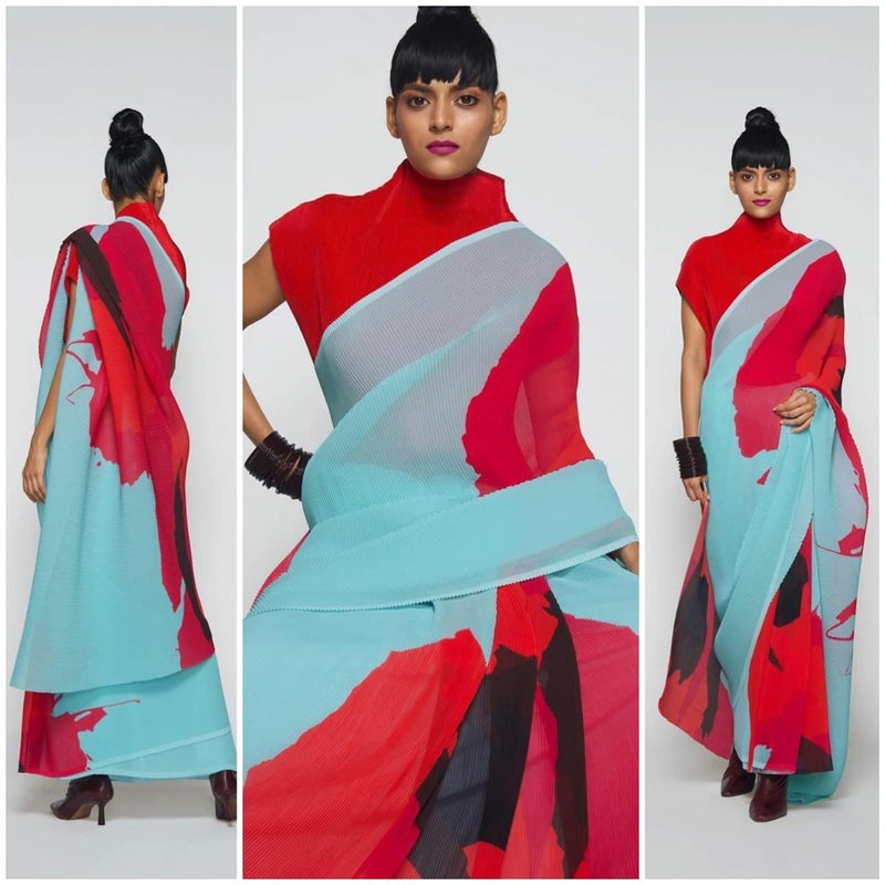 Sidhidata ساري سيدي داتا النسائي من الجورجيت النقي مع بلوزة غير مخيطة بتصميم مطبوع رقمي بالكامل - Image 4