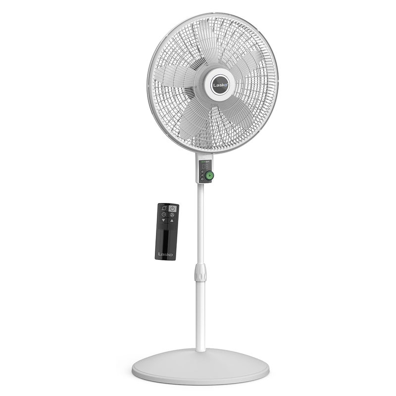 Lasko EcoQuiet Oscillating Pedestal Fan with Whisper Quiet DC Motor 12 Speeds 8 Hour Timer Adjustable Height Remote Control White S18705 Large