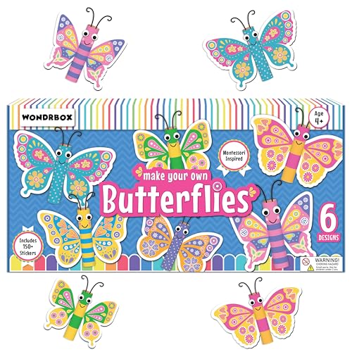 WONDRBOX Butterfly Making Craft Kit for Kids | DIY Arts & Crafts with 150+ Stickers & 6 Butterflies | Creative Activity Toy Age 5–12 | Birthday & Return Gift for Boys & Girls - Image 1