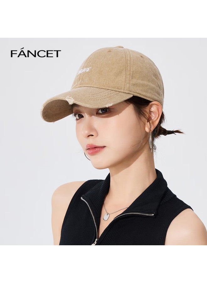 Fancet Women's Baseball Cap Summer New Style Face-lifting Small Washed-out Distressed Soft Top Pure Cotton Wide-brimmed Deepened Duck Tongue Cap Light Khaki - Image 1