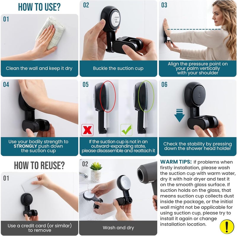 Taili Shower Head Holder Suction Cup, Handheld Shower Head Bracket, Height Angle Adjustable Wall Mounted, Bathroom Showerhead Holder No Drilling Removable Waterproof, Black - Image 2