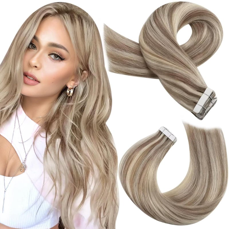Moresoo Tape in Hair Extensions Human Hair Blonde Highlighted Tape in Extensions Light Brown Mixed with Blonde Hair Extensions Real Human Hair Glue in Remy Extensions 16 Inch #P9A/60 20pcs 50g - Image 1