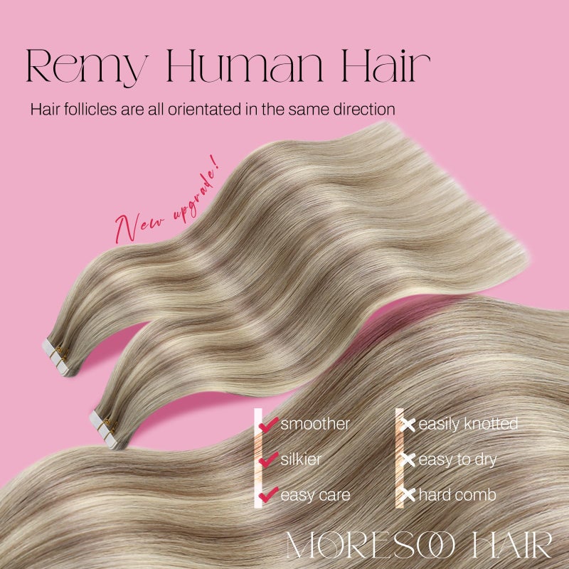 Moresoo Tape in Hair Extensions Human Hair Blonde Highlighted Tape in Extensions Light Brown Mixed with Blonde Hair Extensions Real Human Hair Glue in Remy Extensions 16 Inch #P9A/60 20pcs 50g - Image 2