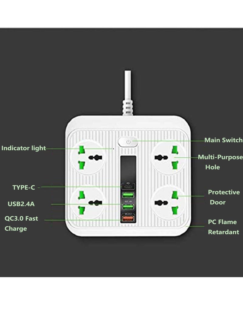 Captaintech Extension Lead Universal Outlets with 4 USB Ports 4 Way Power Strips Surge Protector 2M/ Bold Cord Switch Portable Charger Fuse and Shutter Charging Hub Station 40W Super Quik Charge (Black) - Image 1