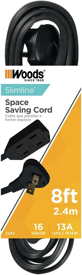 Woods 2243 163 Flat Indoor Extension Cord 8Foot 3 Grounded Outlets Right Angled Plug Space Saving Design UL Listed Black - Image 1