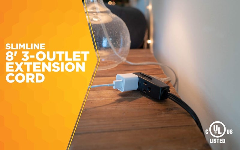 Woods 2243 163 Flat Indoor Extension Cord 8Foot 3 Grounded Outlets Right Angled Plug Space Saving Design UL Listed Black - Image 3