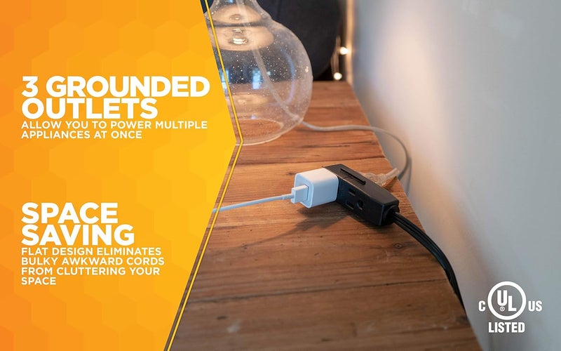 Woods 2243 163 Flat Indoor Extension Cord 8Foot 3 Grounded Outlets Right Angled Plug Space Saving Design UL Listed Black - Image 5