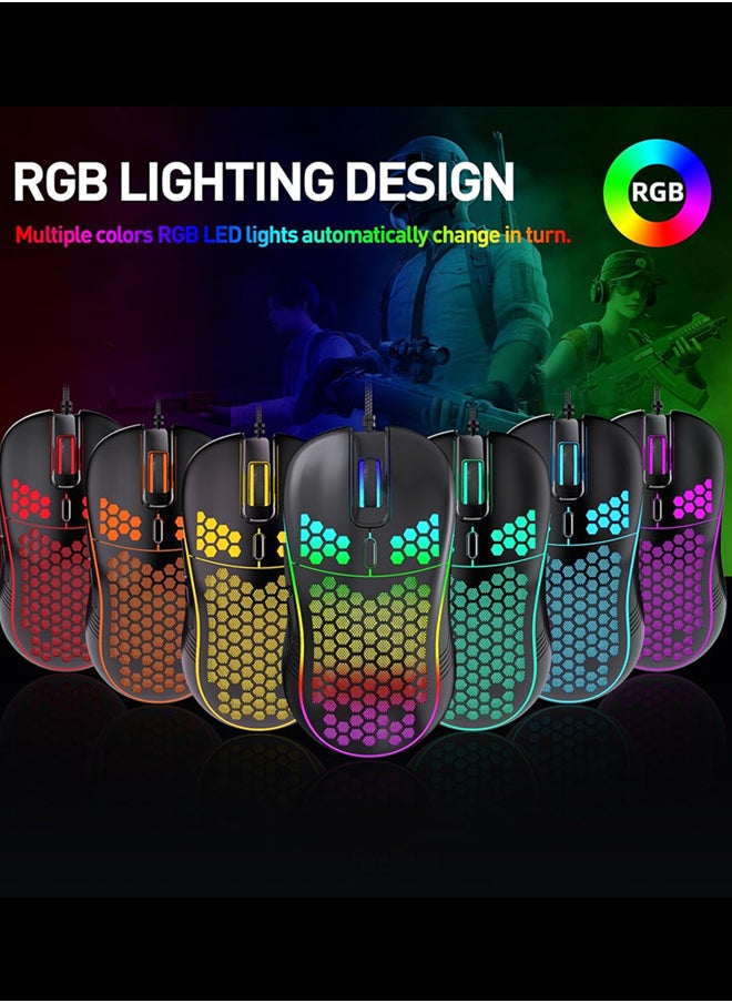 ماوس الألعاب السلكية من قرص الهني والإضاءة الخلفية RGB و 7200 DPI قابل للضبط وماوس كمبيوتر مريح وخفيف الوزن مع مستشعر عالي الدقة لألعاب الكمبيوتر الشخصي وأجهزة الكمبيوتر المحمولة (أسود